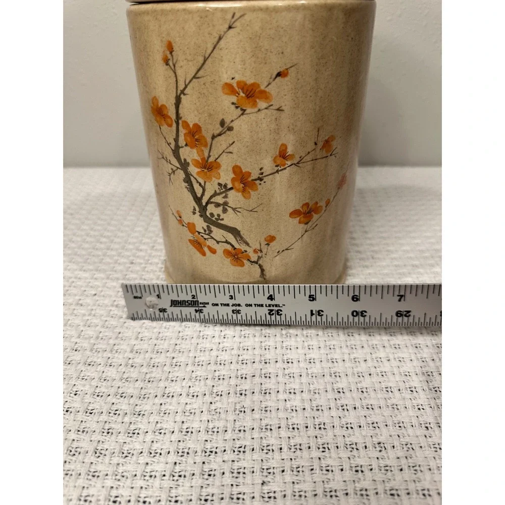 Vintage Ceramic Milk Can Canister 9x5 Tan Orange Cherry Blossom Farmhouse Decor